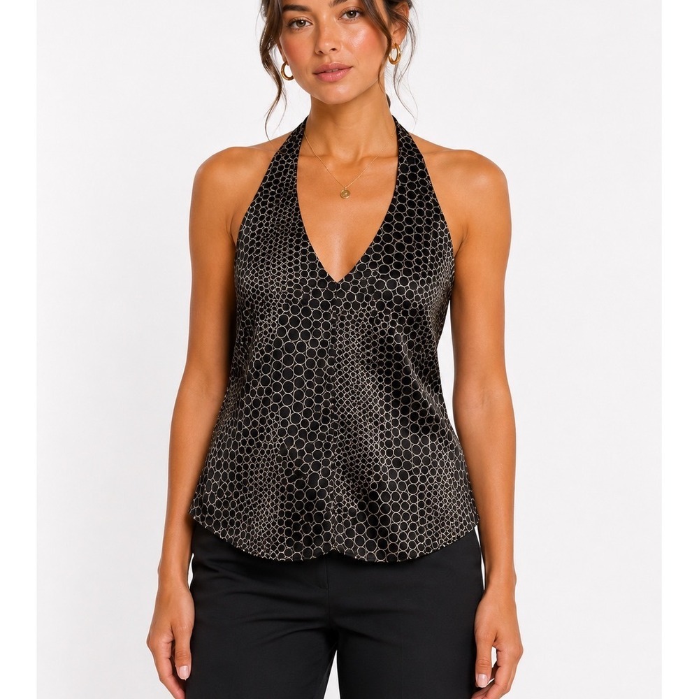 Kenneth Cole New York Black Silk Geometric Circle Halter Y2K Top 8 Polka Luxury